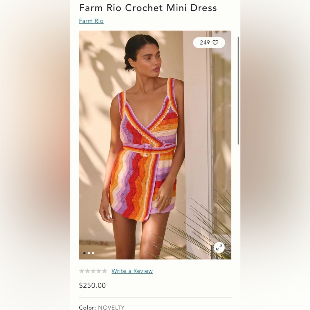 Farm Rio Crochet Mini Dress pink, orange, purple, and white striped